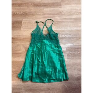 Victoria Secret Emerald Green Lace Trim Satin Chemise Nightgown XS